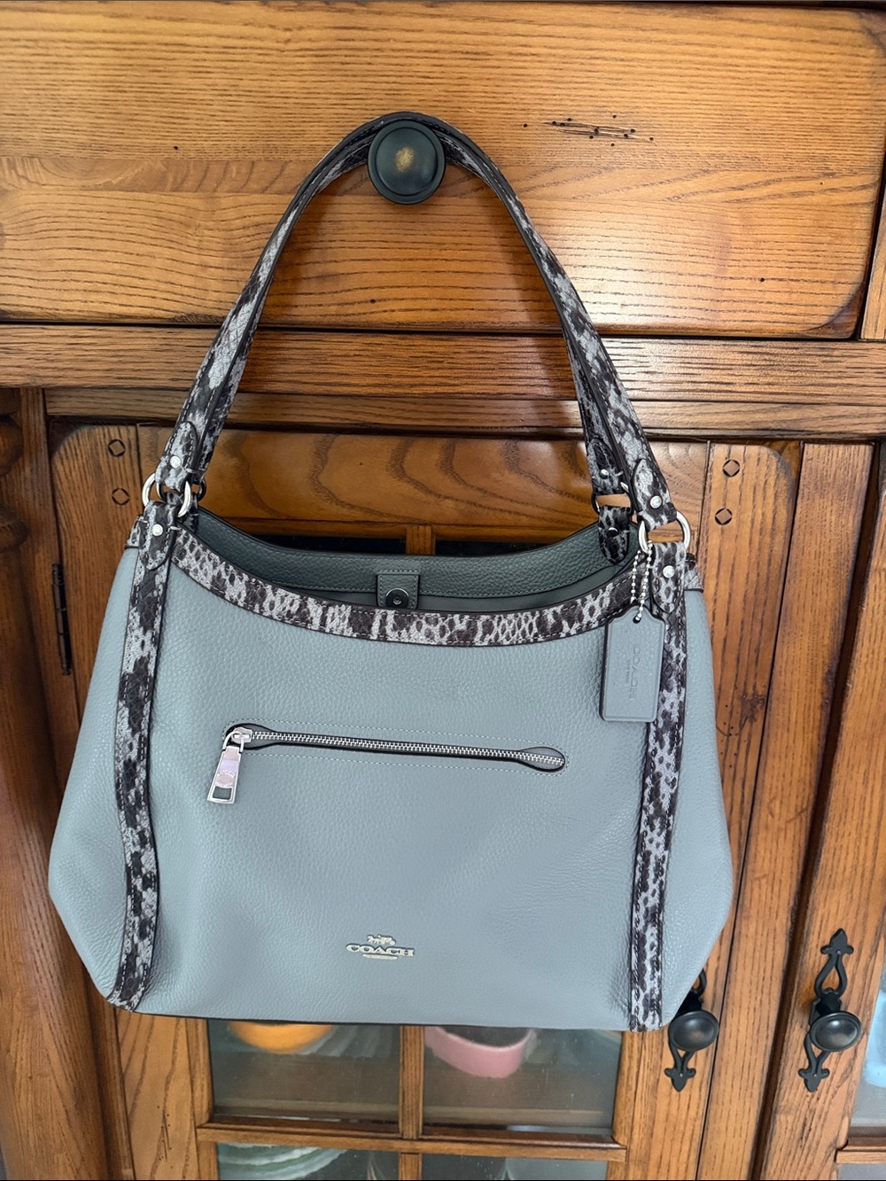 Coach Light Blue Pebbled Leather Shoulder Bag with Snake-Print Trim